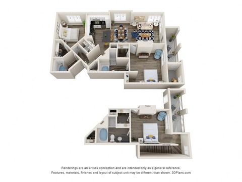Floor plan for 2 beds, 2 baths, 1045 sqft